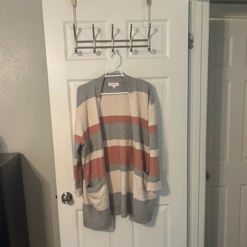 Cozy Striped Open-Front Cardigan Sweater - Gray, Cream & Rust